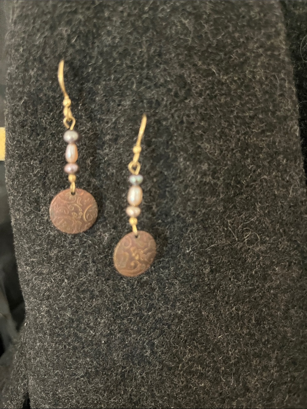 Bronze Disc Drop Earrings with Gray-Purple Pearl Accents